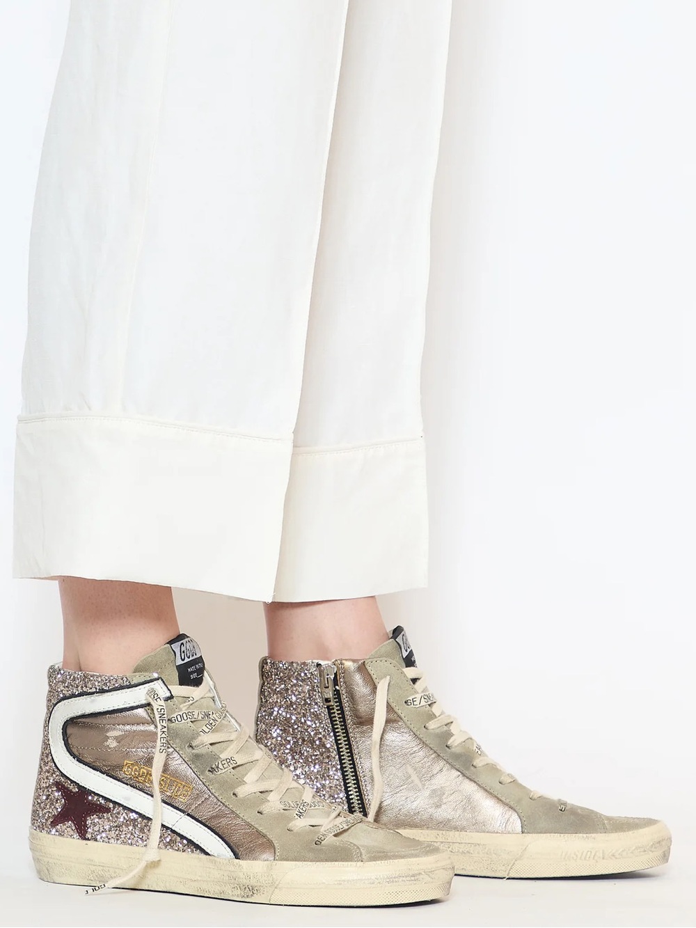 Golden Goose Slide Sneaker Bronze Leather/Silver Glitter/White sz 36 New in Box